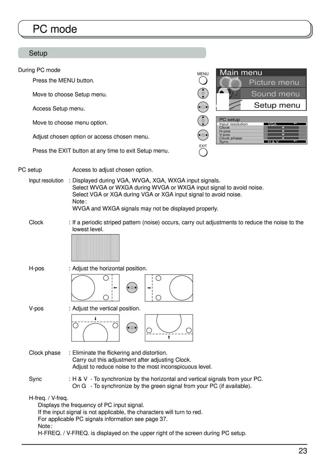 Panasonic TX-26LX500A, TX-32LX500A manual Setup menu, Clock, Pos Adjust the horizontal position, Sync, Freq. / V-freq 