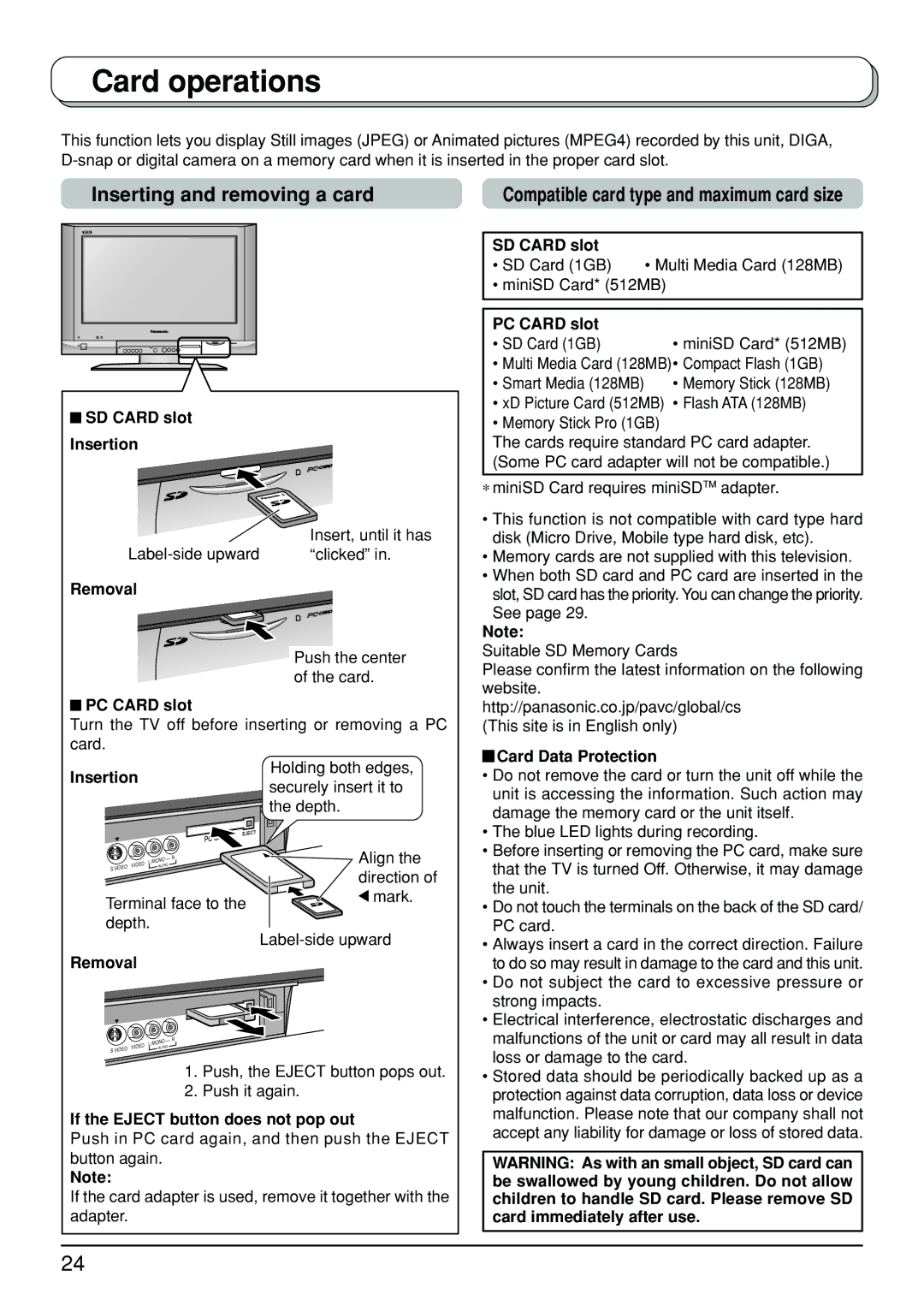 Panasonic TX-32LX500A, TX-26LX500A manual Card operations, Inserting and removing a card 