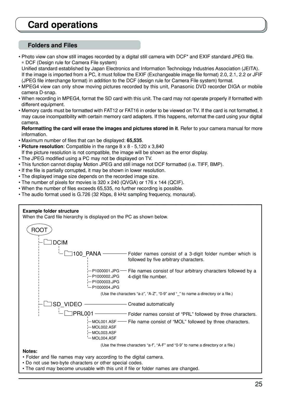 Panasonic TX-26LX500A, TX-32LX500A manual Folders and Files, Example folder structure, Followed by ﬁve arbitrary characters 