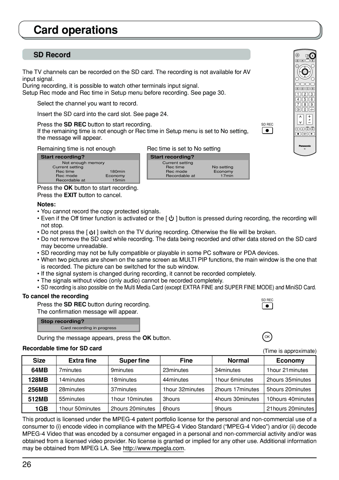 Panasonic TX-32LX500A manual SD Record, Rec time is set to No setting, To cancel the recording, Recordable time for SD card 