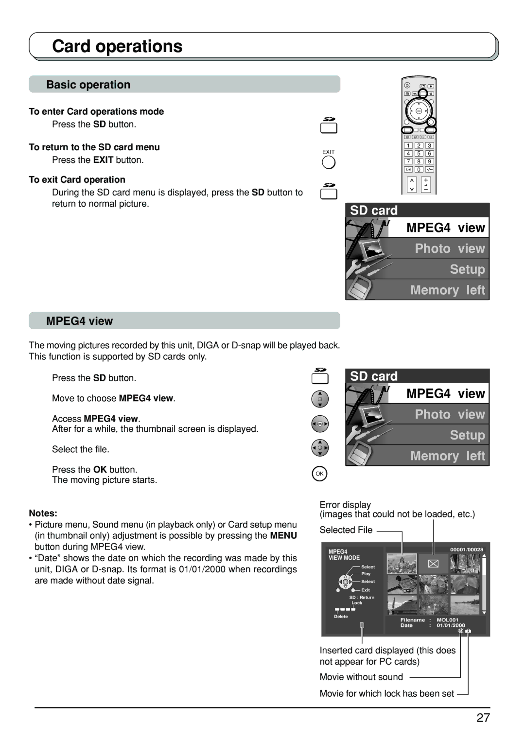 Panasonic TX-26LX500A, TX-32LX500A manual Basic operation, To exit Card operation, Access MPEG4 view 