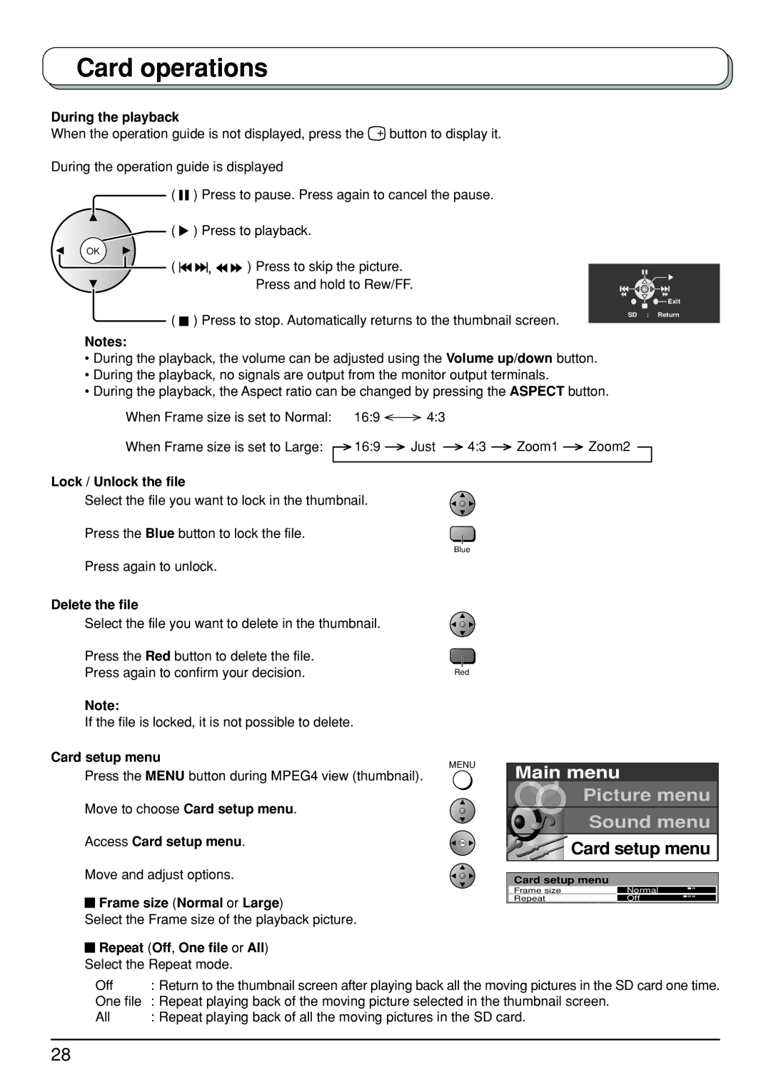 Panasonic TX-32LX500A, TX-26LX500A manual During the playback, Lock / Unlock the file, Delete the file, Card setup menu 