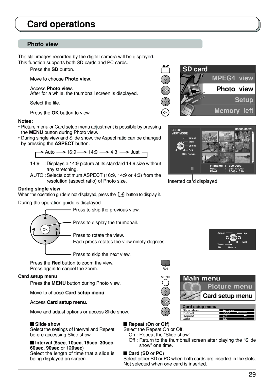 Panasonic TX-26LX500A, TX-32LX500A manual Photo view, Card setup menu 