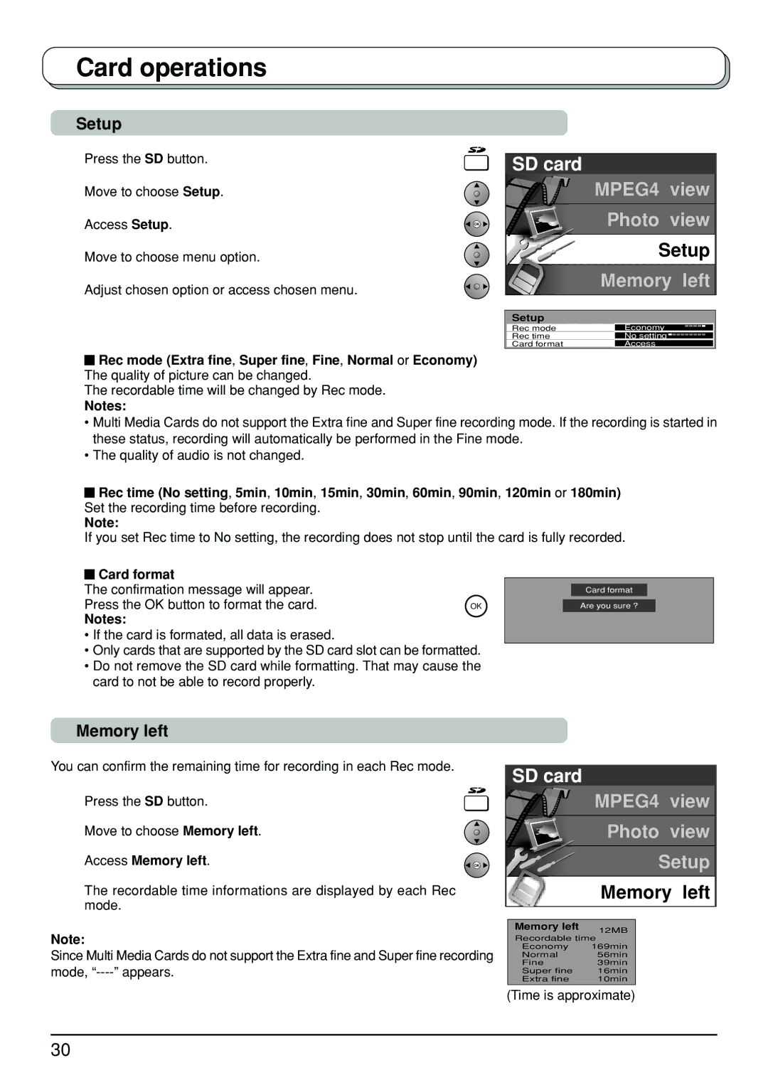 Panasonic TX-32LX500A manual Setup, Memory left, Rec mode Extra fine, Super fine, Fine, Normal or Economy, Card format 