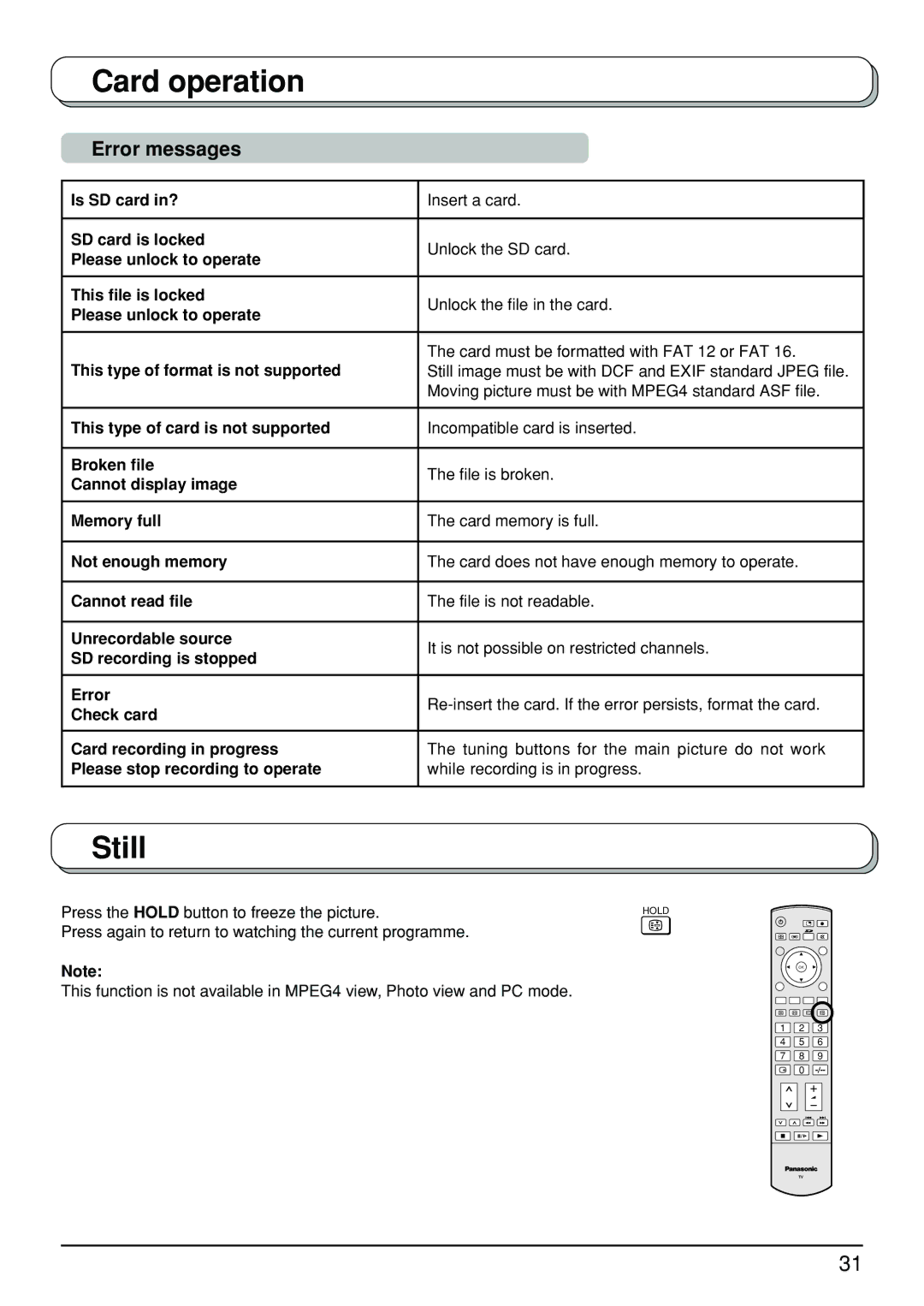 Panasonic TX-26LX500A, TX-32LX500A manual Card operation, Still, Error messages 