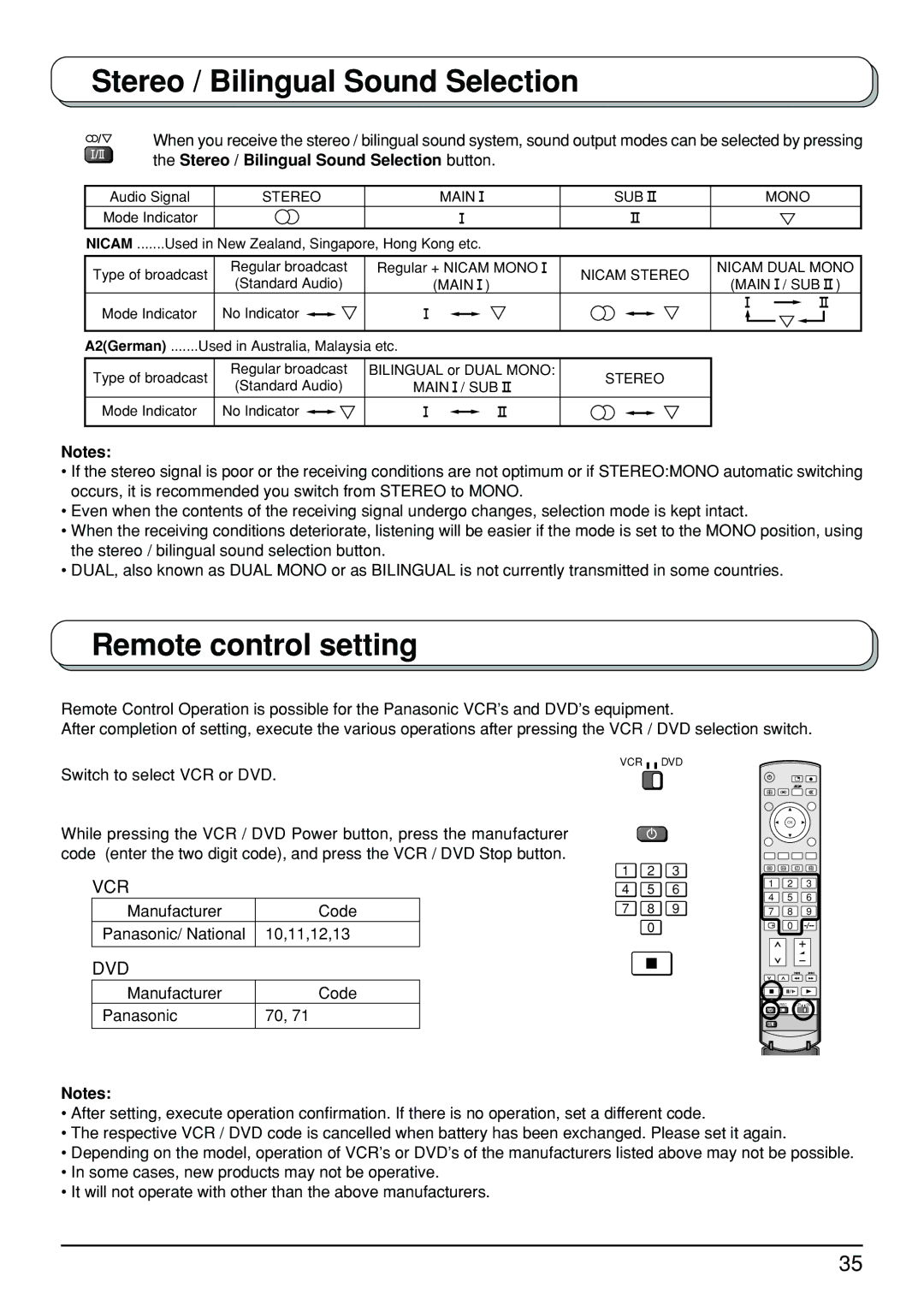 Panasonic TX-26LX500A, TX-32LX500A manual Stereo / Bilingual Sound Selection, Remote control setting 