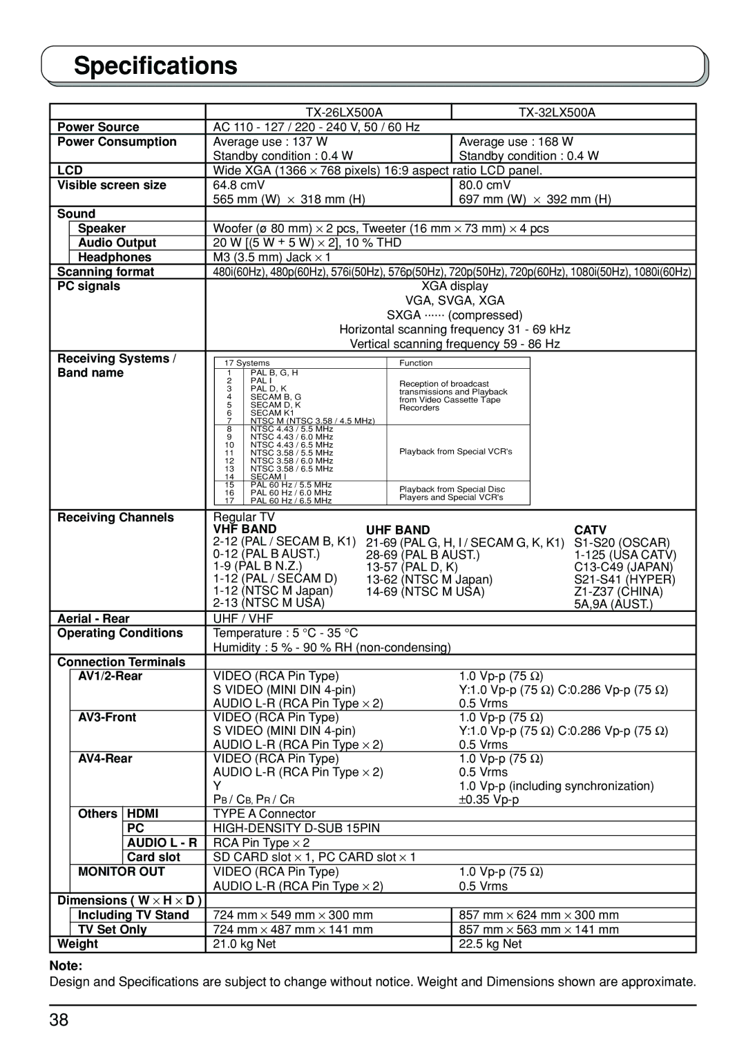 Panasonic TX-32LX500A, TX-26LX500A manual Specifications, Lcd 