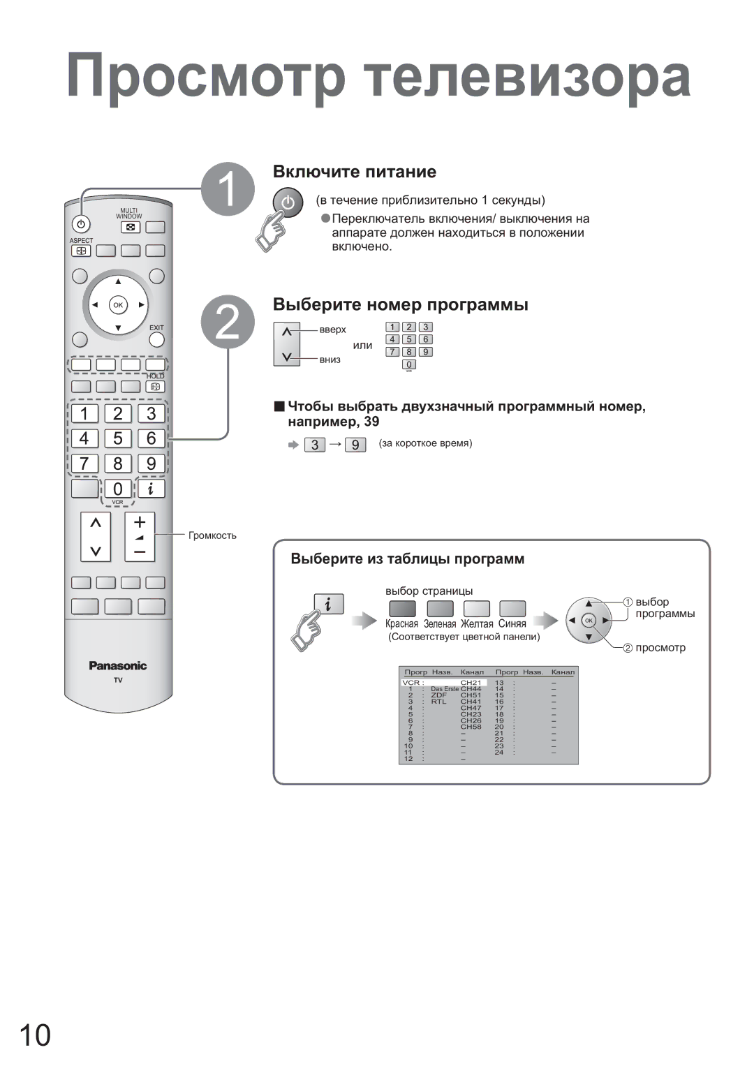 Panasonic TX-32LX600P manual Ɉɪɨɫɦɨɬɪ ɬɟɥɟɜɢɡɨɪɚ, Ȼɤɥɸɱɢɬɟ ɩɢɬɚɧɢɟ, Ȼɵɛɟɪɢɬɟ ɧɨɦɟɪ ɩɪɨɝɪɚɦɦɵ, Ȼɵɛɟɪɢɬɟ ɢɡ ɬɚɛɥɢɰɵ ɩɪɨɝɪɚɦɦ 