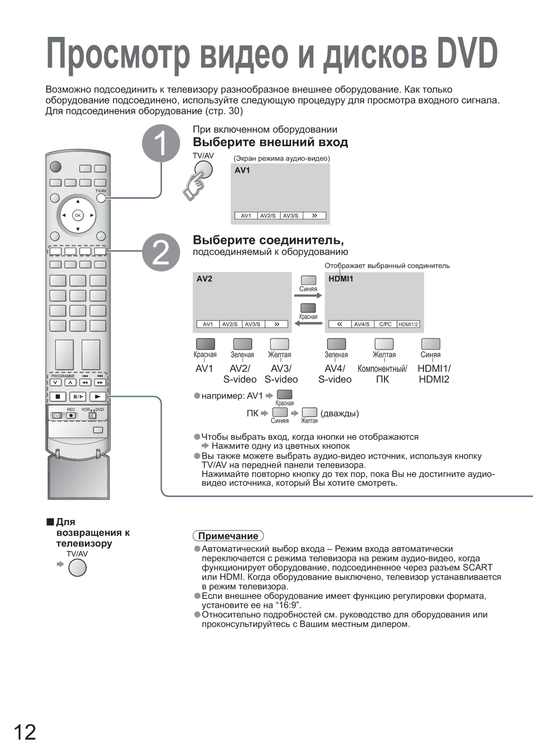 Panasonic TX-32LX600P, TX-26LX600P Ȼɵɛɟɪɢɬɟ ɜɧɟɲɧɢɣ ɜɯɨɞ, Ȼɵɛɟɪɢɬɟ ɫɨɟɞɢɧɢɬɟɥɶ, Ⱦɥɹ ɜɨɡɜɪɚɳɟɧɢɹ ɤ ɬɟɥɟɜɢɡɨɪɭ Ɉɪɢɦɟɱɚɧɢɟ 