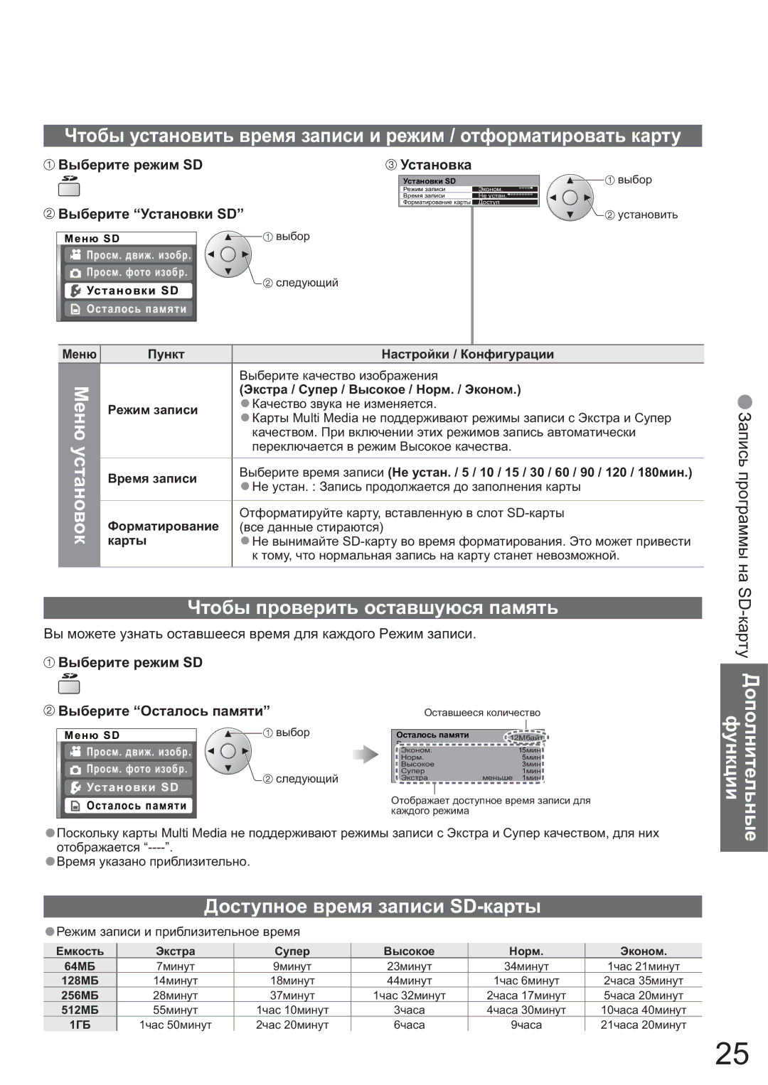 Panasonic TX-26LX600P, TX-32LX600P manual Ɇɟɧɸ, Ɑɬɨɛɵ ɩɪɨɜɟɪɢɬɶ ɨɫɬɚɜɲɭɸɫɹ ɩɚɦɹɬɶ, Ⱦɨɫɬɭɩɧɨɟ ɜɪɟɦɹ ɡɚɩɢɫɢ SD-ɤɚɪɬɵ 