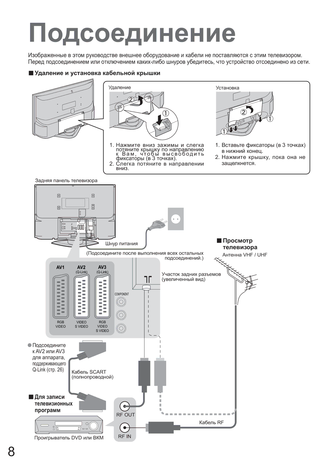 Panasonic TX-32LX600P, TX-26LX600P manual Ɉɨɞɫɨɟɞɢɧɟɧɢɟ, Ɍɞɚɥɟɧɢɟ ɢ ɭɫɬɚɧɨɜɤɚ ɤɚɛɟɥɶɧɨɣ ɤɪɵɲɤɢ, Ɉɪɨɫɦɨɬɪ Ɬɟɥɟɜɢɡɨɪɚ 