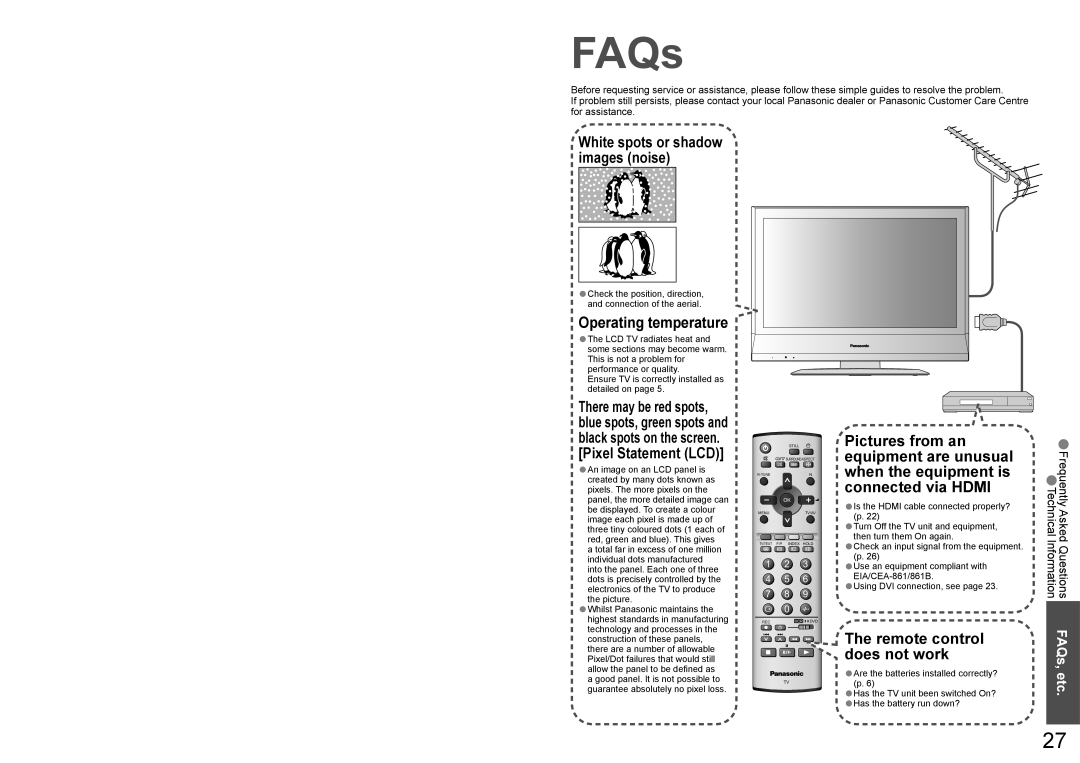 Panasonic TX-26LX60A, TX-32LX60A warranty FAQs, White spots or shadow images noise, Pixel Statement LCD 