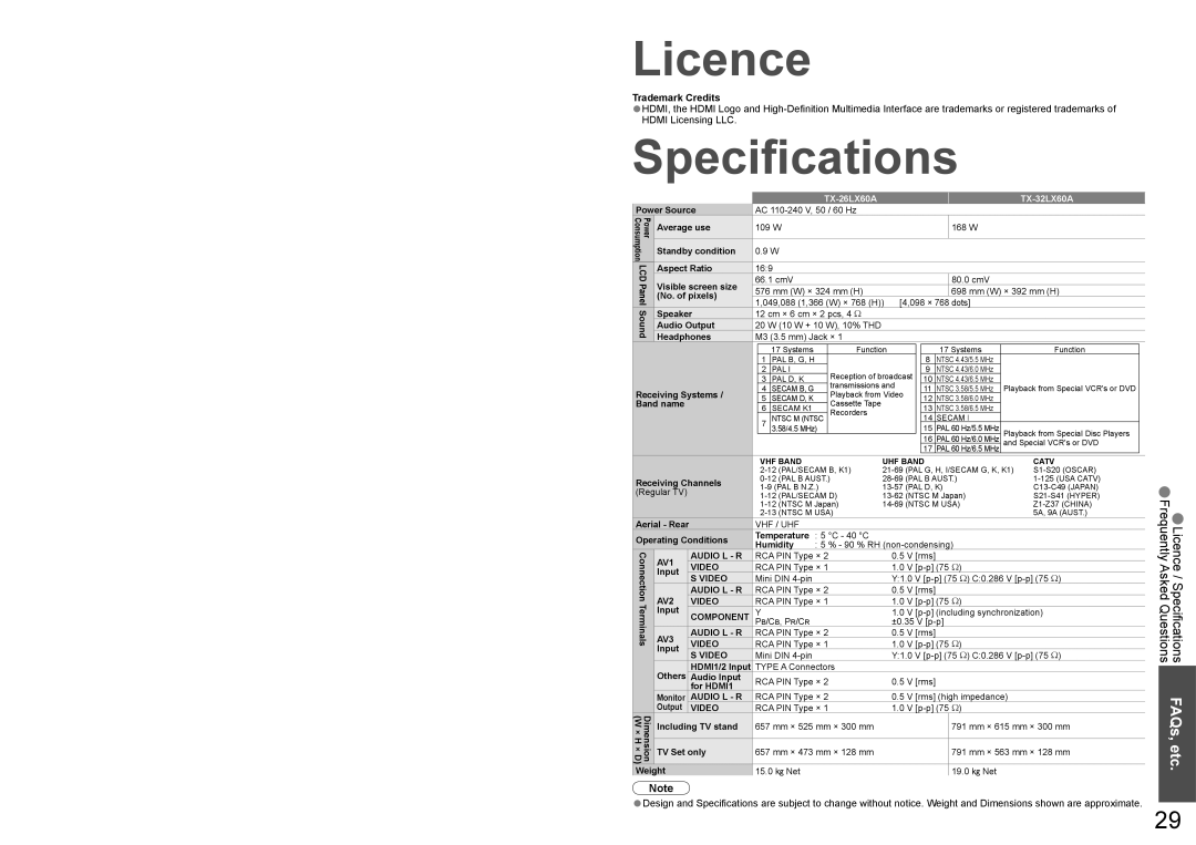 Panasonic TX-26LX60A, TX-32LX60A warranty Licence, Speciﬁcations, Trademark Credits 