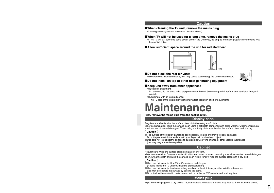 Panasonic TX-26LX60A Maintenance, Display panel, Cabinet, Mains plug, First, remove the mains plug from the socket outlet 