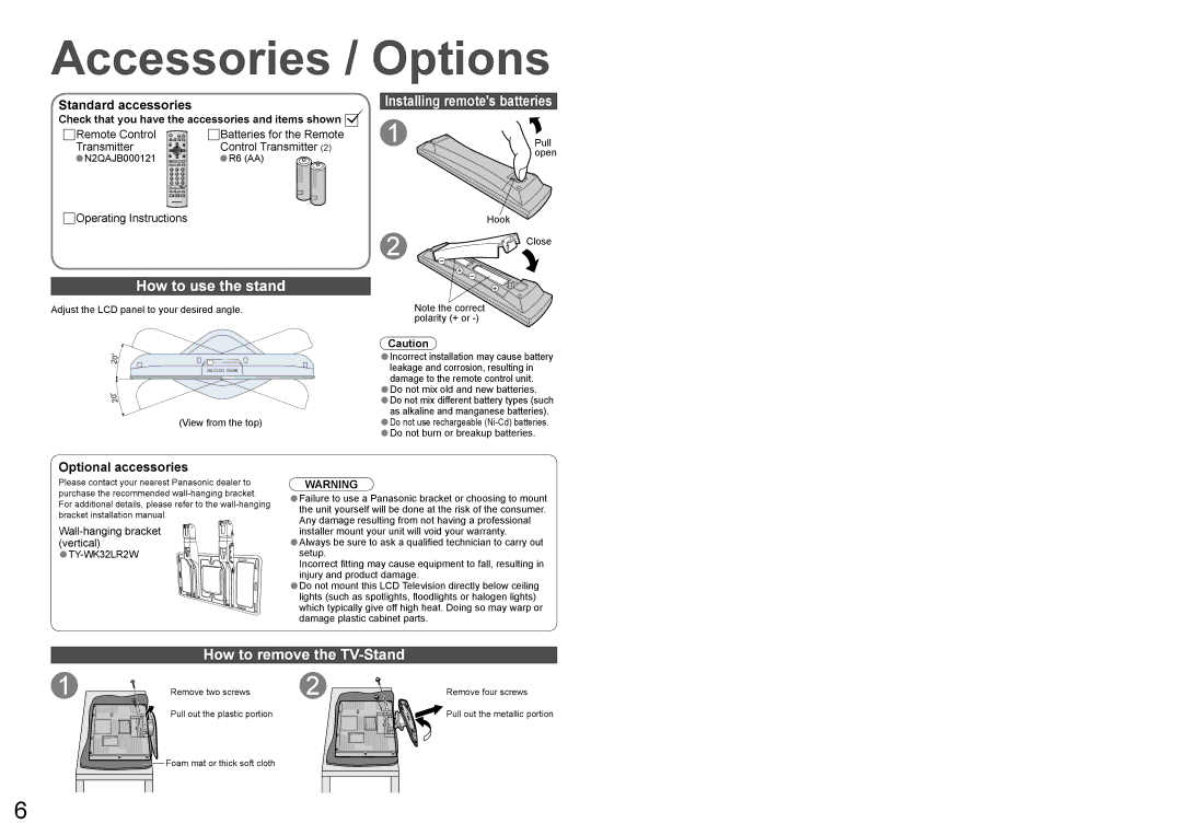 Panasonic TX-32LX60A, TX-26LX60A warranty Accessories / Options, How to use the stand, How to remove the TV-Stand 