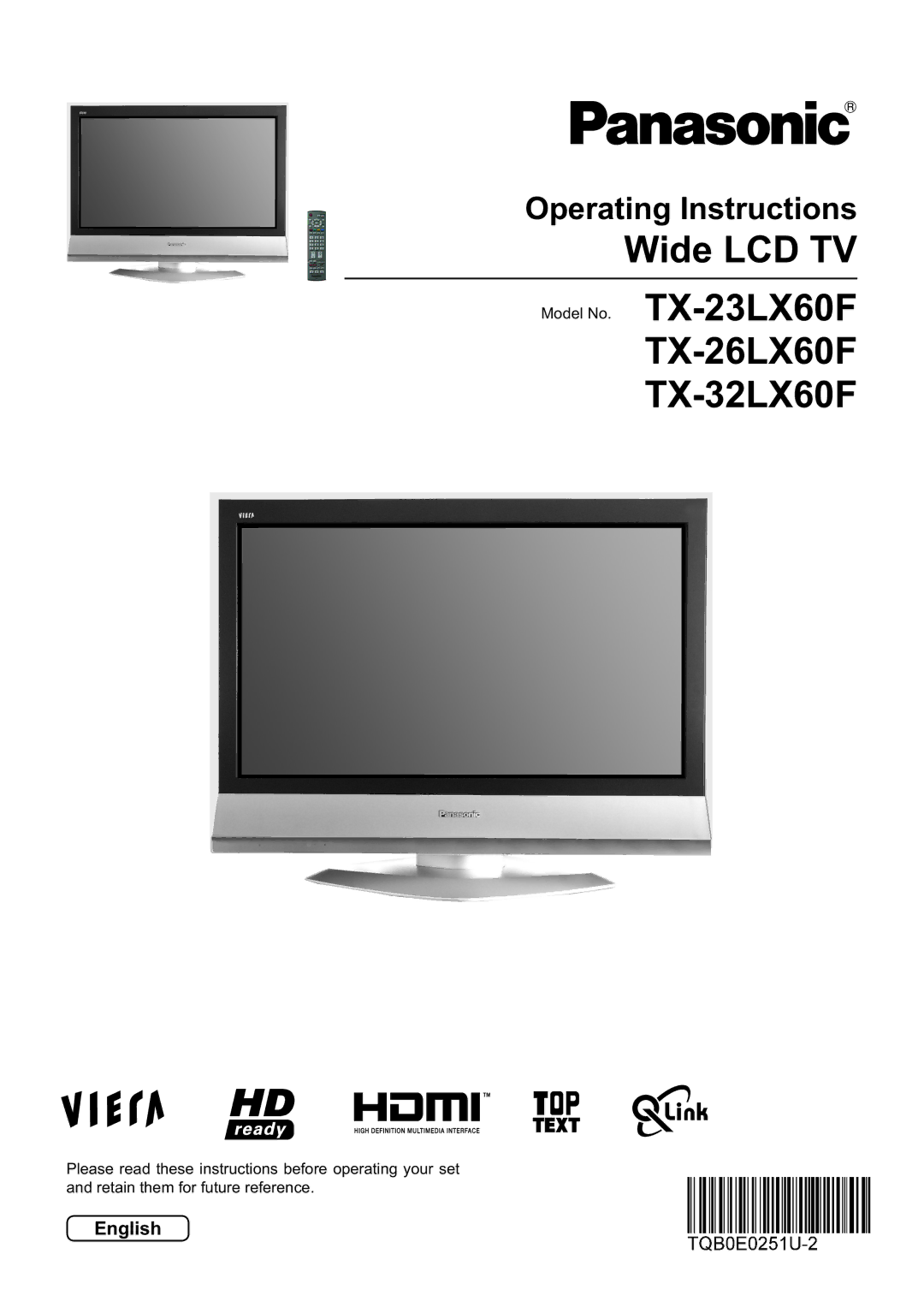 Panasonic TX-26LX60F, TX-32LX60F, TX-23LX60F operating instructions Operating Instructions, English 