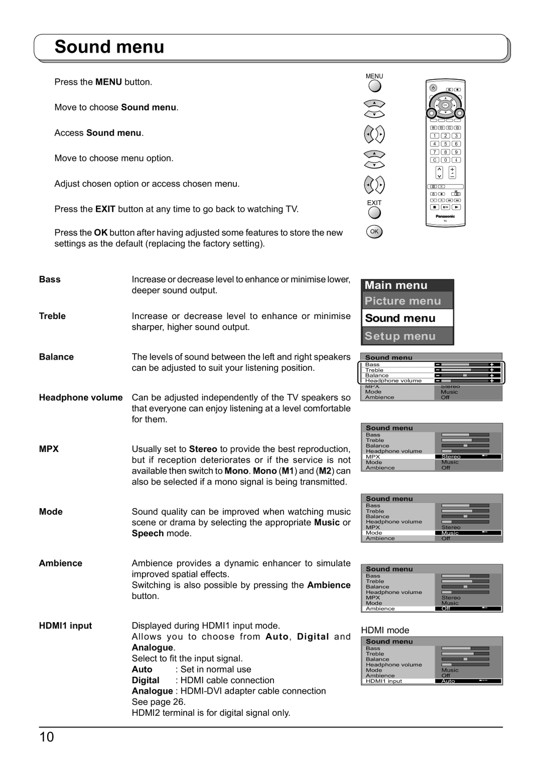 Panasonic TX-26LX60F, TX-32LX60F, TX-23LX60F operating instructions Sound menu 