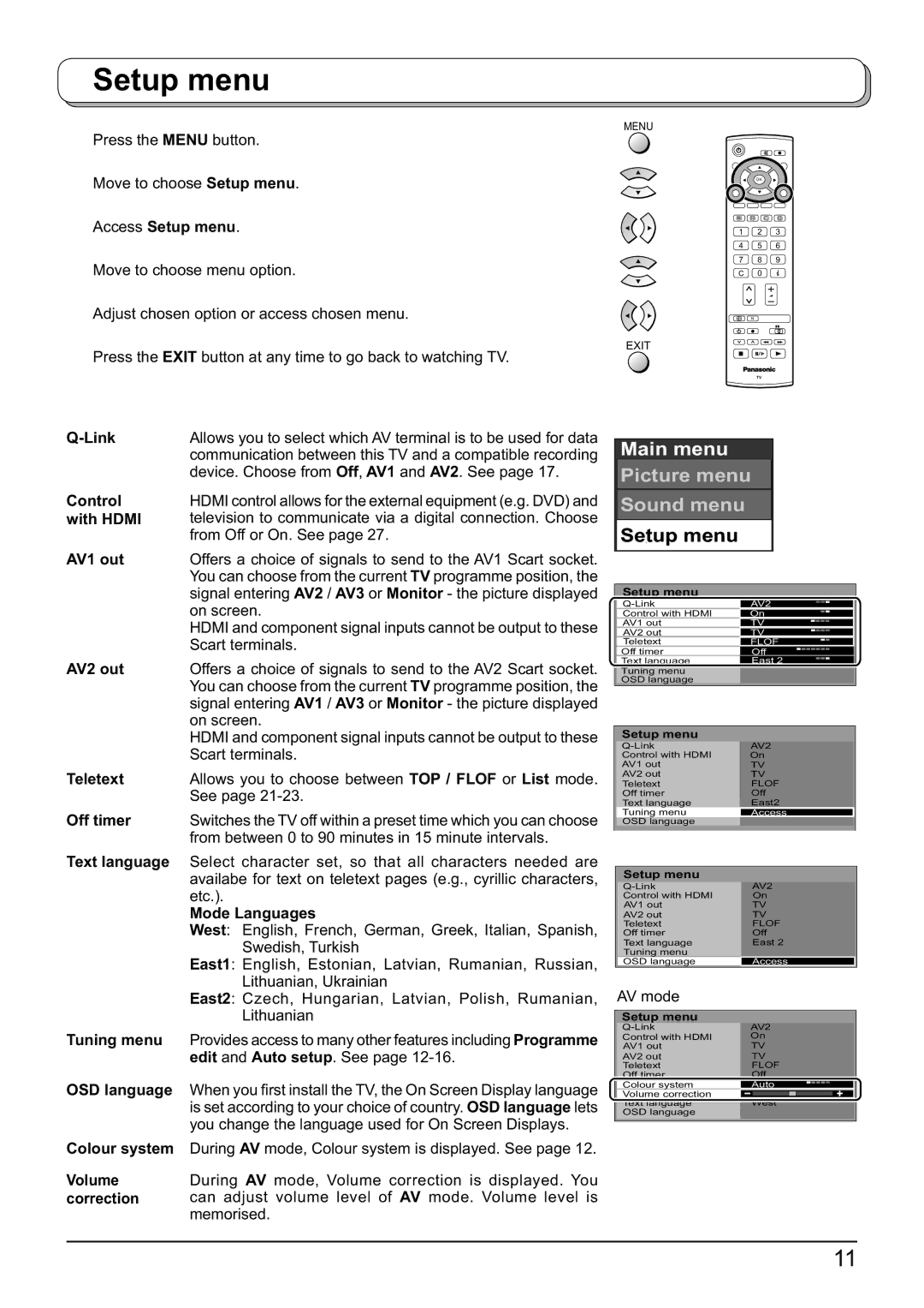 Panasonic TX-23LX60F, TX-32LX60F, TX-26LX60F operating instructions Setup menu 