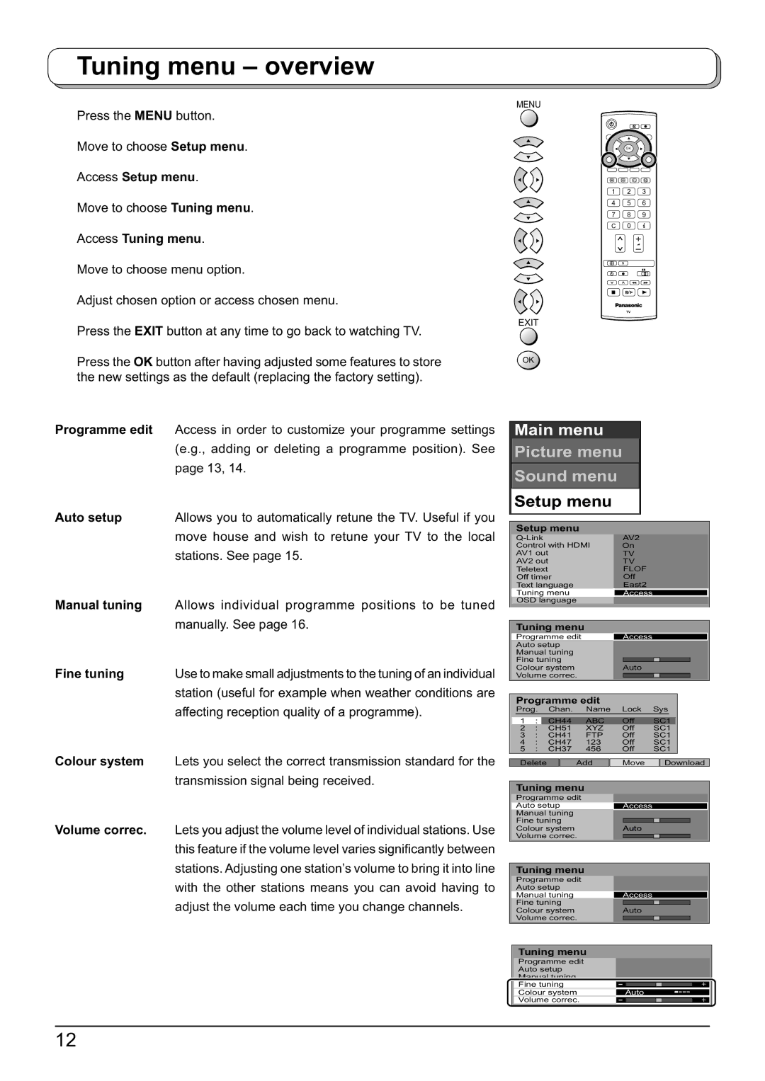 Panasonic TX-32LX60F, TX-26LX60F, TX-23LX60F operating instructions Tuning menu overview 