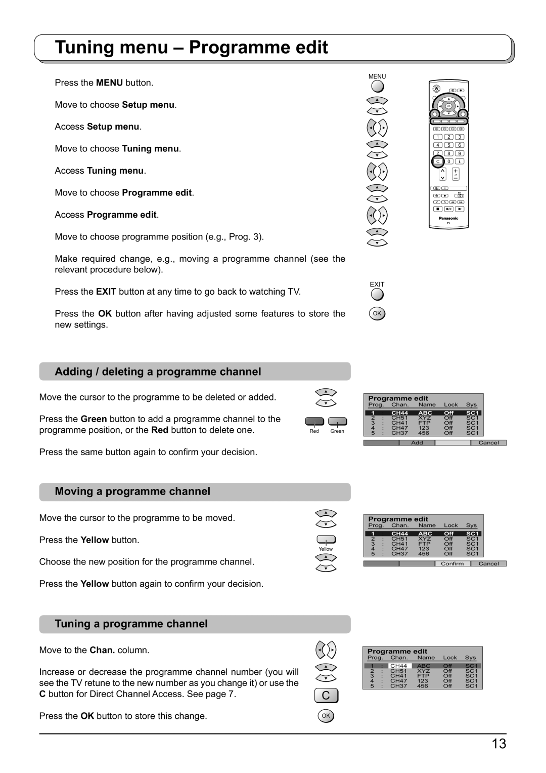 Panasonic TX-26LX60F Tuning menu Programme edit, Adding / deleting a programme channel, Moving a programme channel 