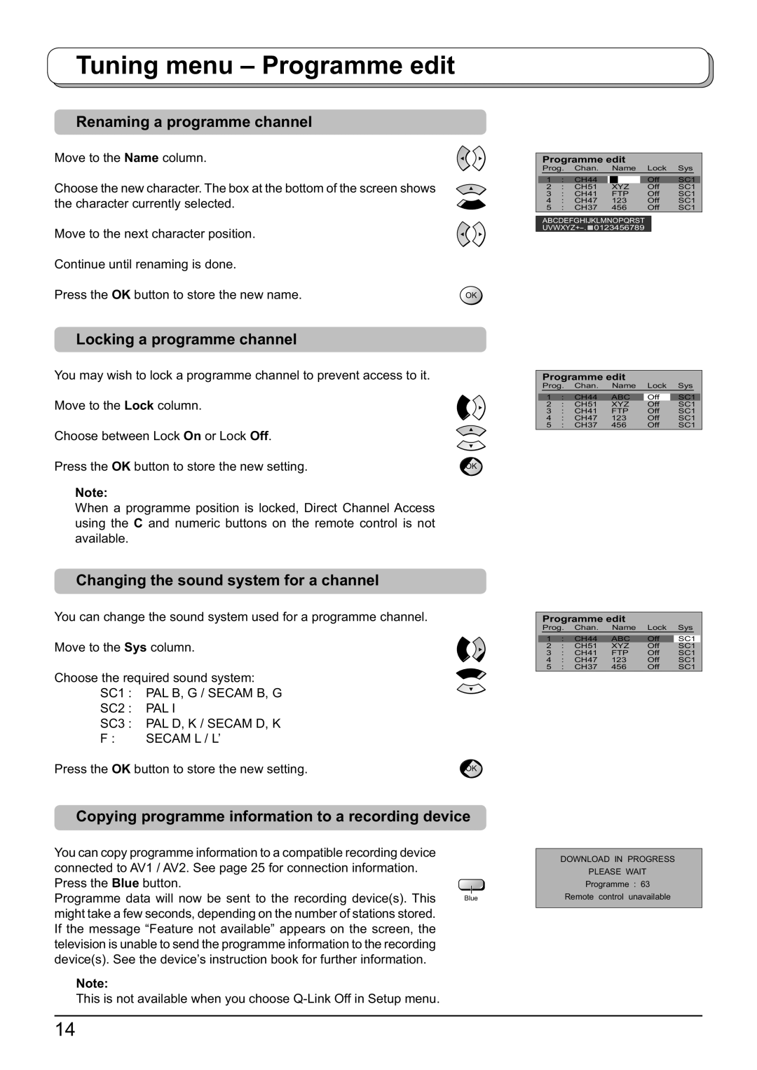 Panasonic TX-23LX60F Renaming a programme channel, Locking a programme channel, Changing the sound system for a channel 