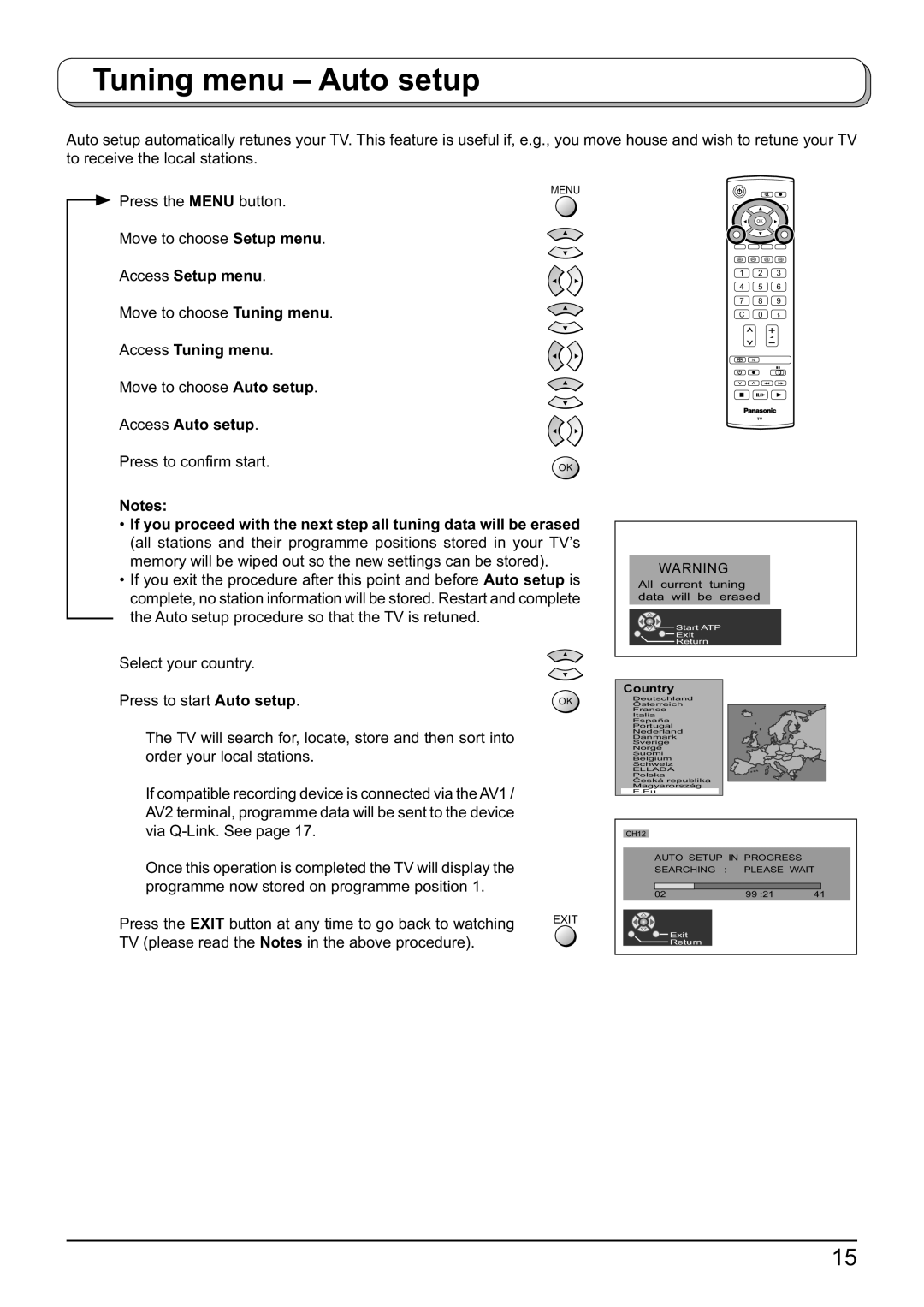 Panasonic TX-32LX60F, TX-26LX60F, TX-23LX60F operating instructions Tuning menu Auto setup, Access Auto setup, Country 