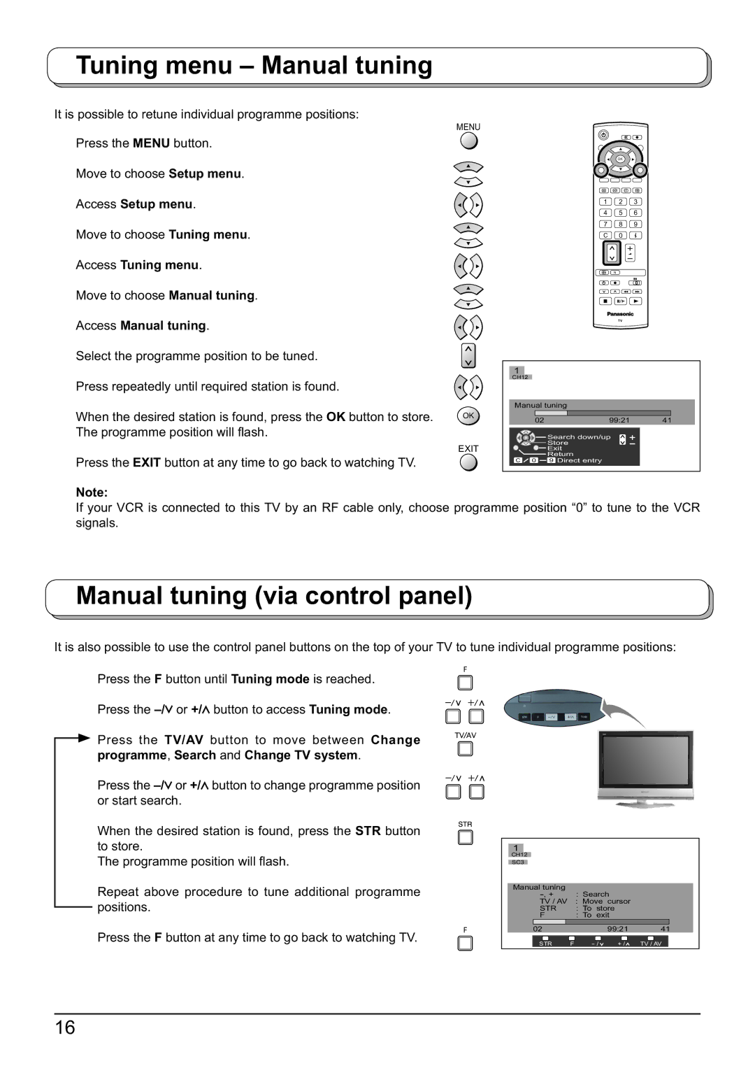 Panasonic TX-26LX60F, TX-32LX60F Tuning menu Manual tuning, Manual tuning via control panel, Access Manual tuning 