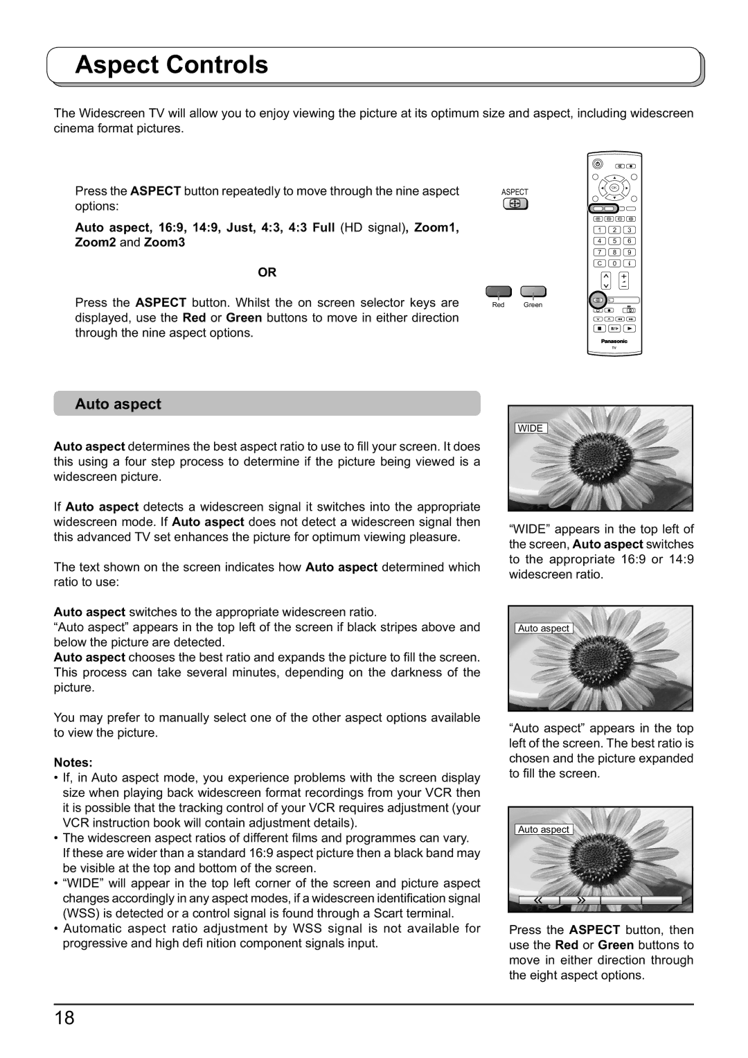 Panasonic TX-32LX60F, TX-26LX60F, TX-23LX60F operating instructions Aspect Controls, Auto aspect 