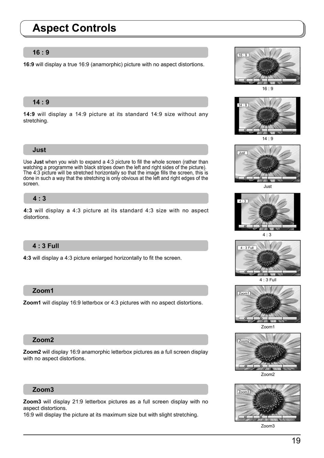 Panasonic TX-26LX60F, TX-32LX60F, TX-23LX60F operating instructions Just, Full, Zoom1, Zoom2, Zoom3 