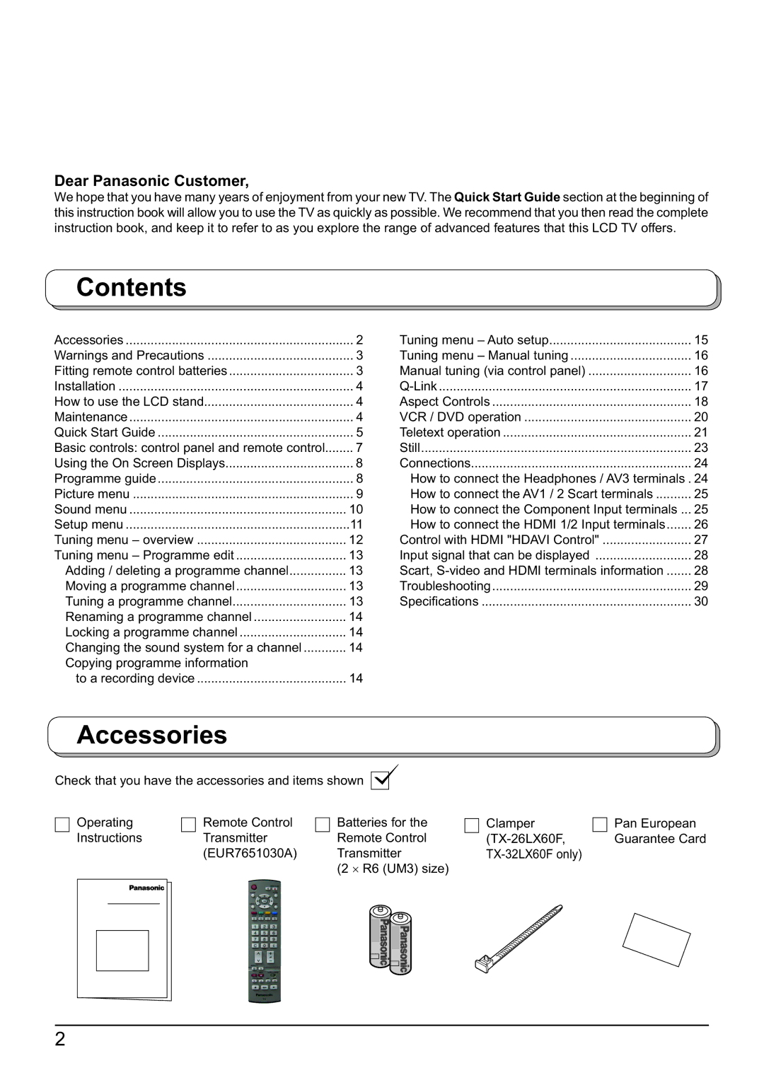 Panasonic TX-23LX60F, TX-32LX60F, TX-26LX60F operating instructions Contents, Accessories 