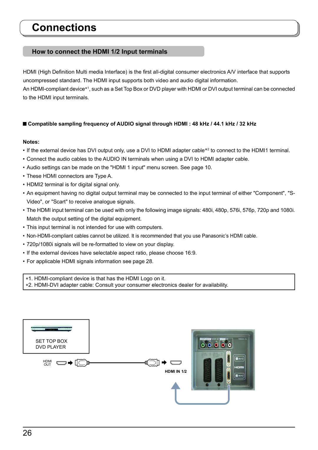 Panasonic TX-23LX60F, TX-32LX60F, TX-26LX60F operating instructions How to connect the Hdmi 1/2 Input terminals 