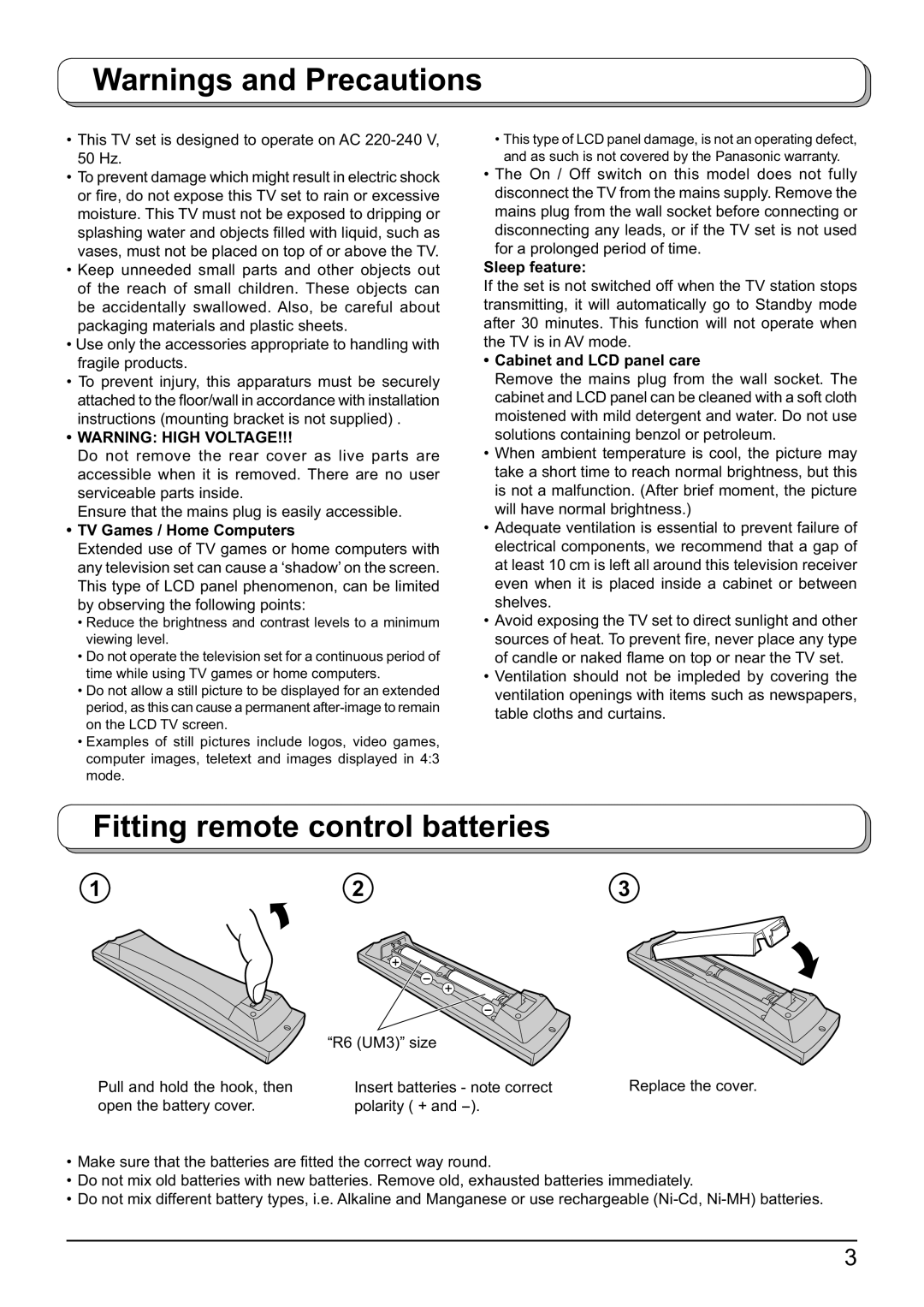 Panasonic TX-32LX60F, TX-26LX60F, TX-23LX60F Fitting remote control batteries, TV Games / Home Computers, Sleep feature 