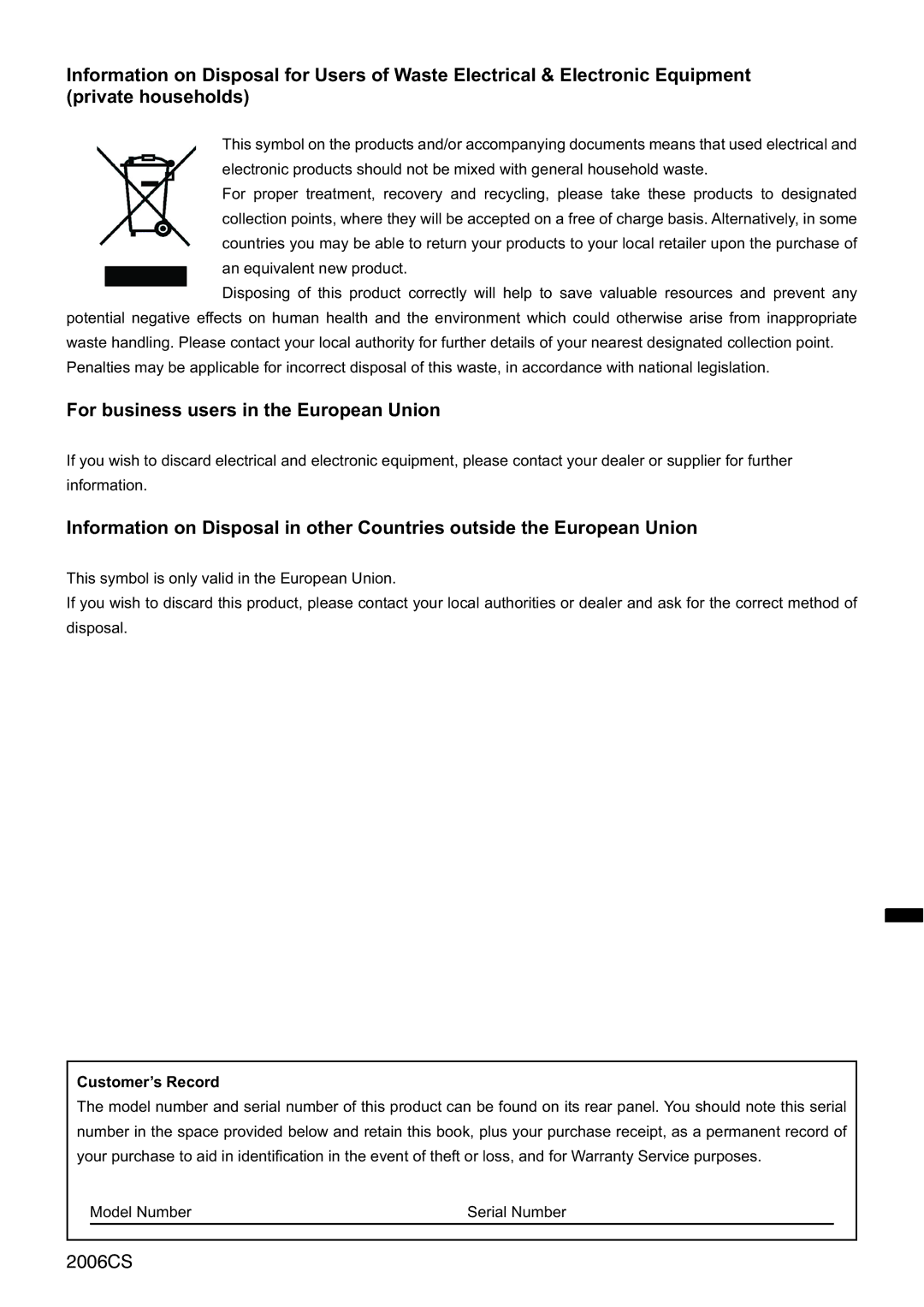 Panasonic TX-23LX60F, TX-32LX60F, TX-26LX60F For business users in the European Union, Customer’s Record 