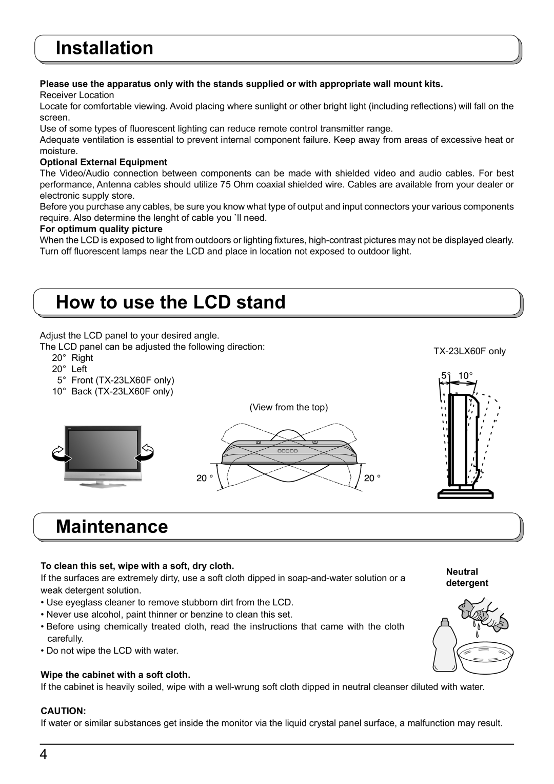 Panasonic TX-26LX60F, TX-32LX60F, TX-23LX60F operating instructions Installation, How to use the LCD stand, Maintenance 