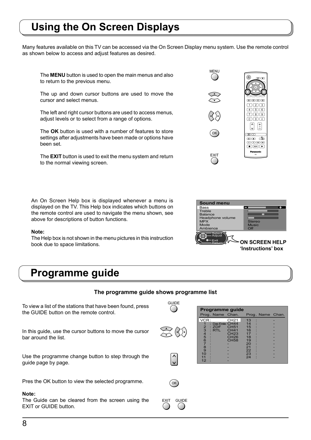 Panasonic TX-23LX60F, TX-32LX60F Using the On Screen Displays, Programme guide, ReturnON Screen Help ‘Instructions’ box 