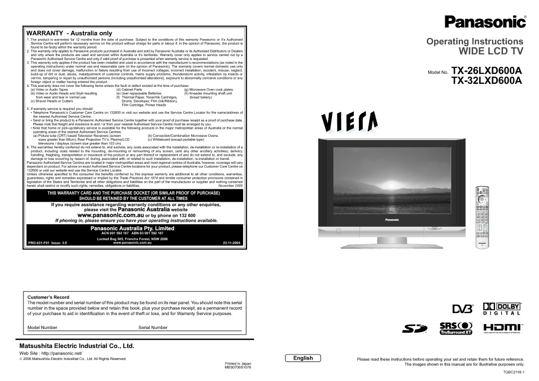 Panasonic TX-26LXD600A operating instructions Operating Instructions, Warranty Australia only, English, Customer’s Record 