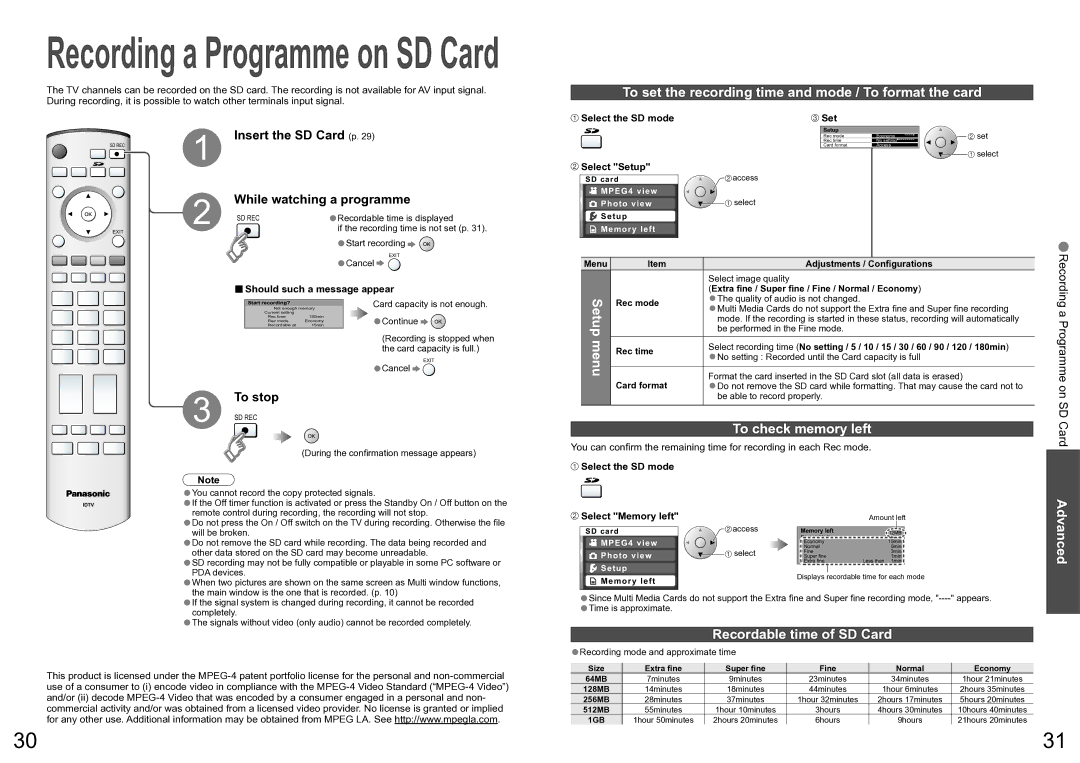 Panasonic TX-32LXD600A To set the recording time and mode / To format the card, To check memory left, To stop 