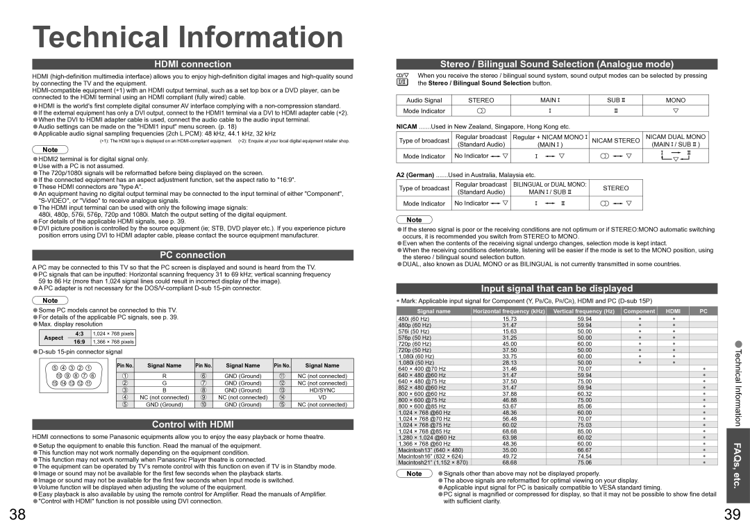 Panasonic TX-32LXD600A Hdmi connection, PC connection, Stereo / Bilingual Sound Selection Analogue mode, Control with Hdmi 