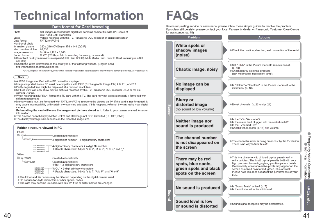 Panasonic TX-26LXD600A, TX-32LXD600A FAQs, Data format for Card browsing, Sound, No sound or low volume 