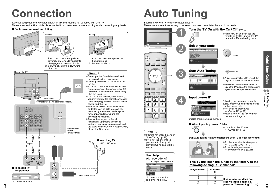 Panasonic TX-26LXD600A, TX-32LXD600A operating instructions Connection, Auto Tuning 