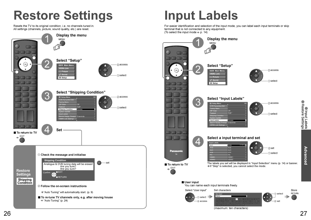 Panasonic TX-32LXD700A operating instructions Restore Settings, Select Shipping Condition, Select Input Labels 