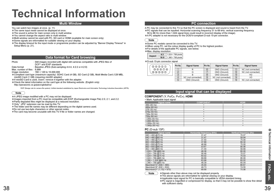 Panasonic TX-32LXD700A Multi Window, PC connection, Data format for Card browsing, Input signal that can be displayed, Etc 