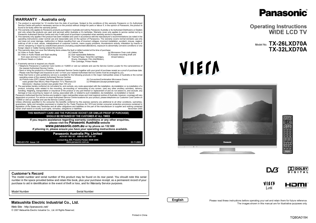 Panasonic TX-26LXD70A, TX-32LXD70A warranty Warranty Australia only, Customer’s Record, English 