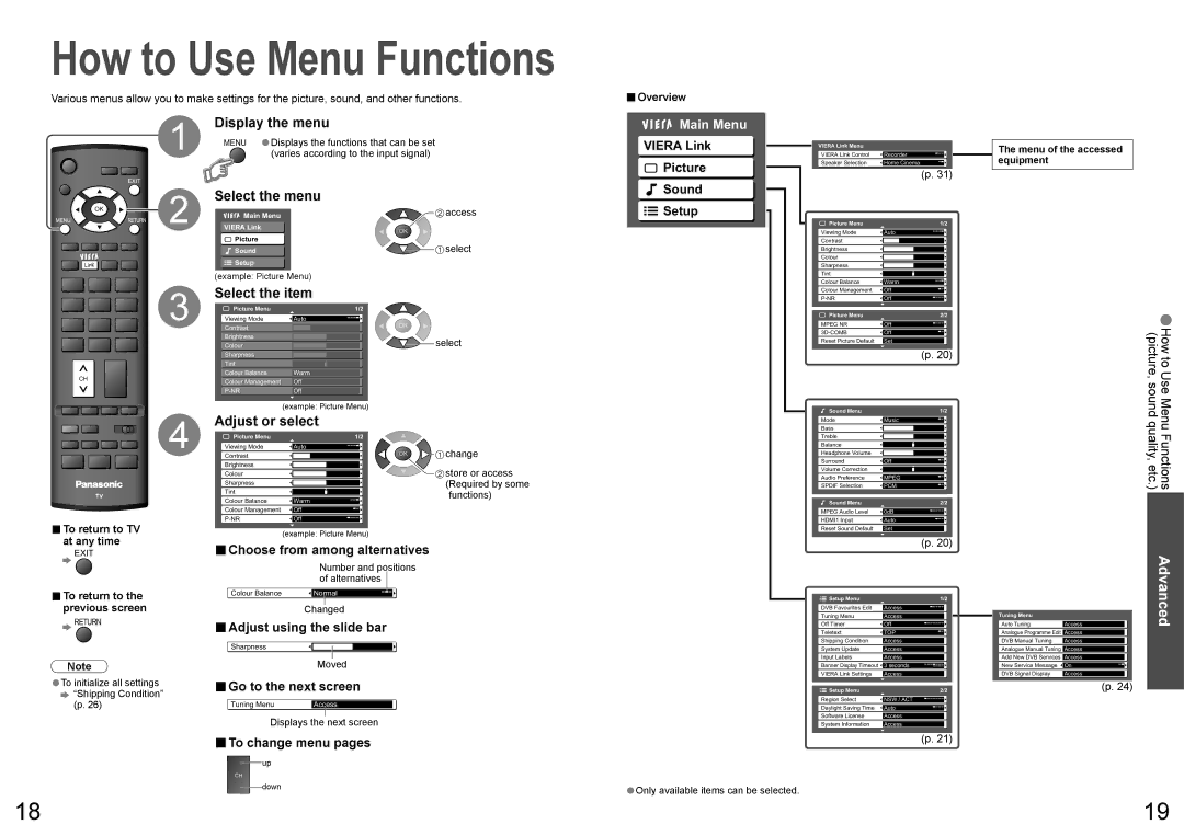 Panasonic TX-32LXD70A, TX-26LXD70A warranty Display the menu, Select the menu, Select the item, Adjust or select, Main Menu 