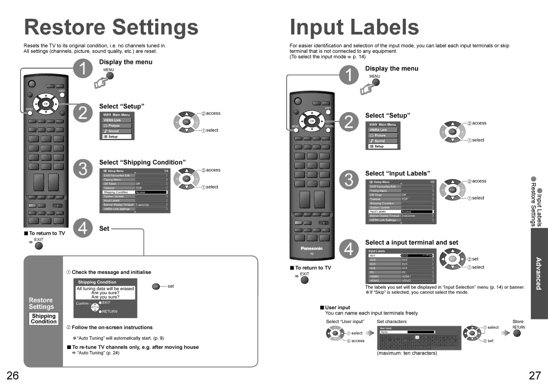 Panasonic TX-32LXD70A, TX-26LXD70A warranty Restore Settings, Select Shipping Condition, Select Input Labels 