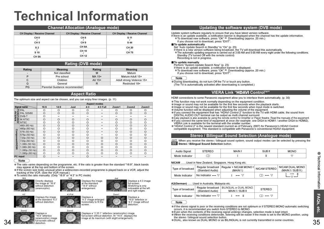 Panasonic TX-32LXD70A, TX-26LXD70A warranty Technical Information, Rating DVB mode, Aspect Ratio, Viera Link ControlTM 