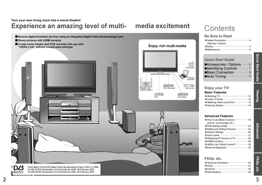 Panasonic TX-32LXD70A, TX-26LXD70A warranty Contents 