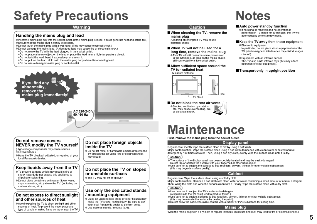 Panasonic TX-26LXD70A, TX-32LXD70A warranty Safety Precautions, Maintenance 