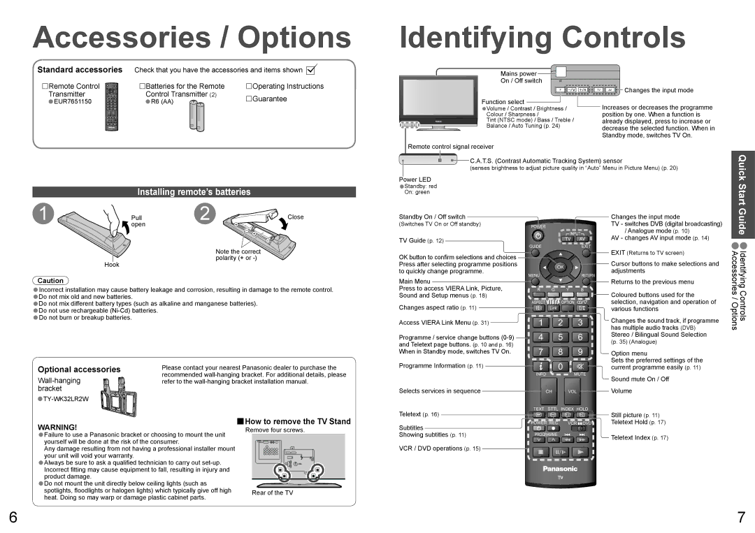 Panasonic TX-32LXD70A, TX-26LXD70A Accessories / Options, Guide, Installing remote’s batteries, Optional accessories 