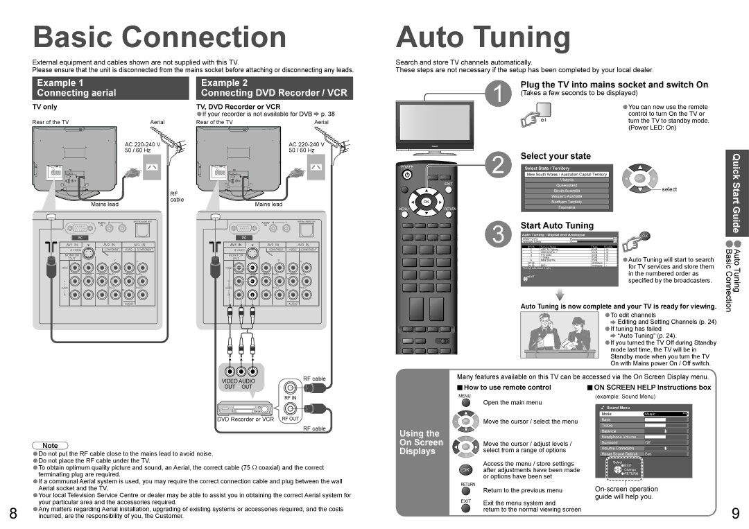 Panasonic TX-26LXD70A Basic Connection, Auto Tuning, Example Connecting aerial Connecting DVD Recorder / VCR, Quick 